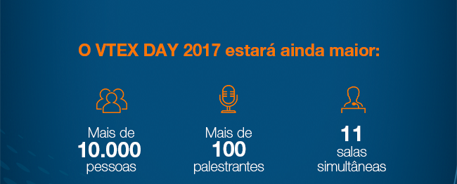 O VTEX DAY 2017 estará ainda maior: Mais de 10.000 pessoas - Mais de 100 palestrantes - 11 salas simultâneas